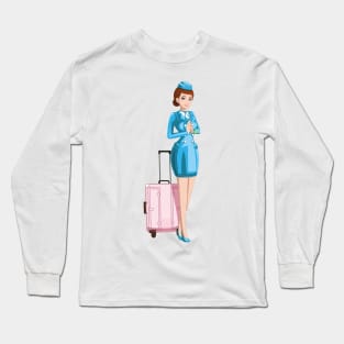 Professional Air Hostess with Luggage Cartoon Long Sleeve T-Shirt